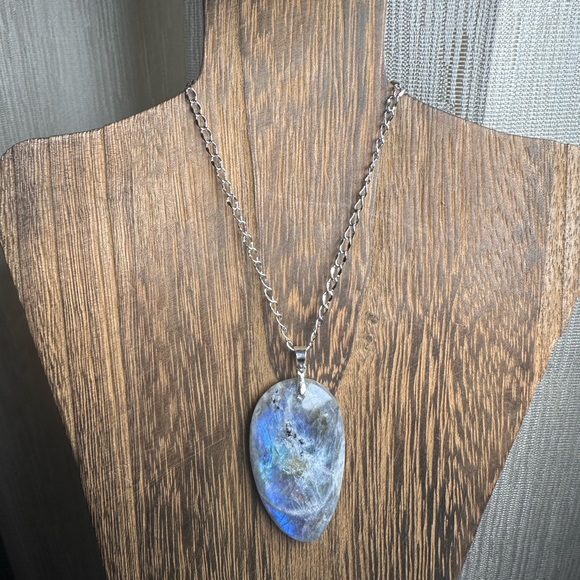 Labradorite Teardrop Pendant Necklace - Long Stainless Steel Chain - Blue Flash - Picture 10 of 13